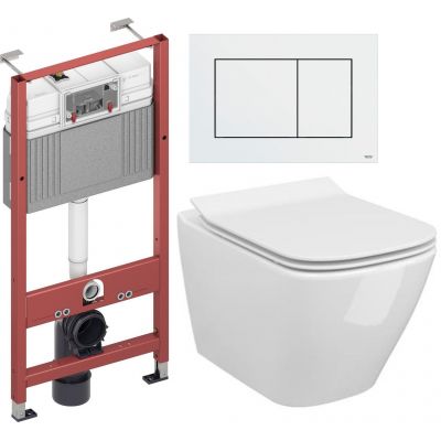 Zestaw Cersanit City Square miska WC Clean On z deską wolnoopadającą i stelaż podtynkowy Tece Base z przyciskiem spłukującym Now białym (S701405,  9400407, 9240400)