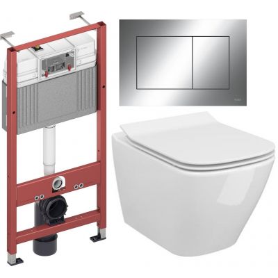 Zestaw Cersanit Zen miska WC Clean On z deską wolnoopadającą i stelaż podtynkowy Tece Base z przyciskiem spłukującym Now chrom połysk (S701405, 9400407, 9240401)