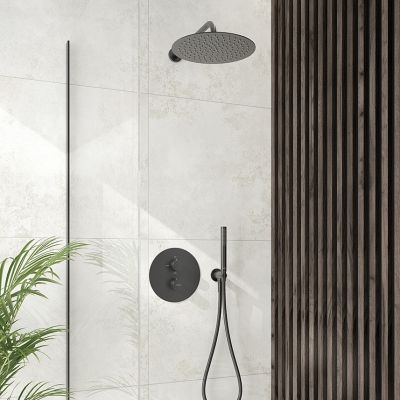 Zestaw Oltens Katla bateria podtynkowa termostatyczna z deszczownicą 30 cm Vindel i kompletem prysznicowym Ume grafit 36608400