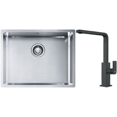Franke Box BXX 110-54/ BXX 210-54 zlewozmywak 58x45 cm stalowy z baterią kuchenną Mythos czarna stal szlachetna (1270453660, 1150550441)