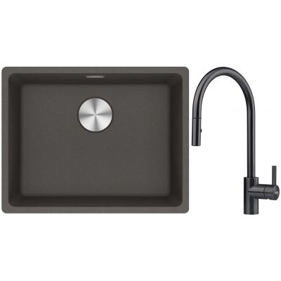 Franke Maris MRG 110-52 zlewozmywak granitowy 55,3x43,3 cm łupkowy szary z baterią kuchenną Eos czarna stal szlachetna (1250716375, 1150613671)