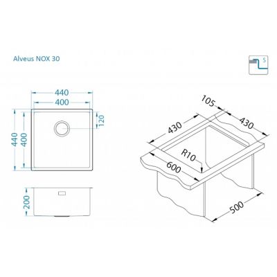 Alveus Nox 30 zlewozmywak stalowy 44x44 cm satynowy 1149924