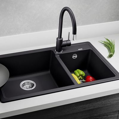 Blanco Legra 8 zlewozmywak 78x50 cm z Silgranit czarny z Oltens Litla bateria kuchenna stojąca czarny mat (526223, 35204300)