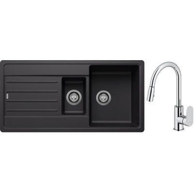 Blanco Legra 6 S zlewozmywak 100x50 cm z Silgranit czarny z Oltens Lista bateria kuchenna stojąca z wyciąganą wylewką chrom (526086, 35202100)
