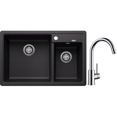 Blanco Legra 8 zlewozmywak 78x50 cm z Silgranit czarny z Blanco Mida bateria kuchenna stojąca chrom (526223, 517742)