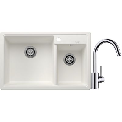 Blanco Legra 8 zlewozmywak 78x50 cm z Silgranit biały z Blanco Mida bateria kuchenna stojąca chrom (526226, 517742)