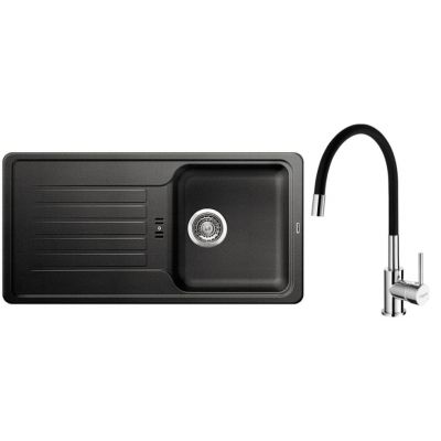 Zestaw Blanco Favos 45 S zlewozmywak granitowy 86x43,5 cm antracyt z baterią stojącą Hagser Emma chrom-czarna (516617, HGR30000035)