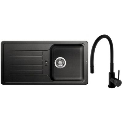 Zestaw Blanco Favos 45 S zlewozmywak granitowy 86x43,5 cm antracyt z baterią stojącą Hagser Emma czarna (516617, HGR70000035)