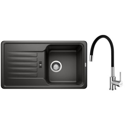 Zestaw Blanco Favos Mini zlewozmywak granitowy 78x43,5 cm czarny z baterią stojącą Hagser Emma chrom-czarna (526078, HGR30000035)