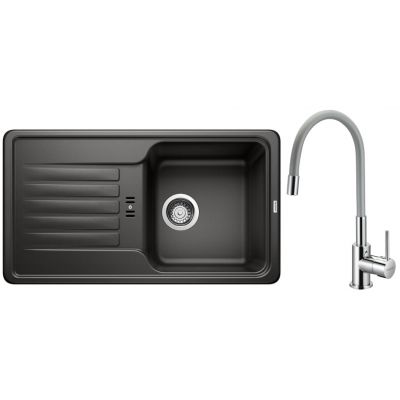 Zestaw Blanco Favos Mini zlewozmywak granitowy 78x43,5 cm czarny z baterią stojącą Hagser Emma chrom-szary (526078, HGR40000035)