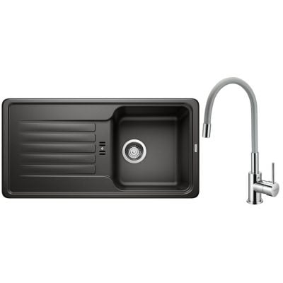 Zestaw Blanco Favos 45 S zlewozmywak granitowy 86x43,5 cm czarny z baterią stojącą Hagser Emma chrom-szary (526079, HGR40000035)