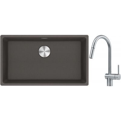 Franke Maris MRG 110-72 zlewozmywak granitowy 75,3x43,3 cm szary/grafitowy/onyx z baterią kuchenną Leda Neo stal szlachetna (1250716377, 1150590047)