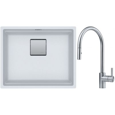 Franke Kanon KNG 110-52 zlewozmywak 52x42 cm Fragranite biały polarny z baterią kuchenną Eos Neo stal szlachetna (1250528614, 1150590045)