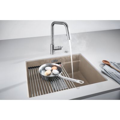 Franke Kanon KNG 110-52 zlewozmywak 52x42 cm Fragranite cappuccino z baterią kuchenną Eos Neo stal szlachetna i zestawem noży kuchennych (1250528613, 1150590045, 1120545792)