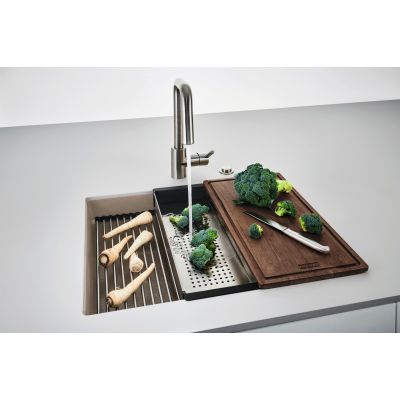 Franke Kanon KNG 110-52 zlewozmywak 52x42 cm Fragranite cappuccino z baterią kuchenną Eos Neo stal szlachetna i zestawem noży kuchennych (1250528613, 1150590045, 1120545792)