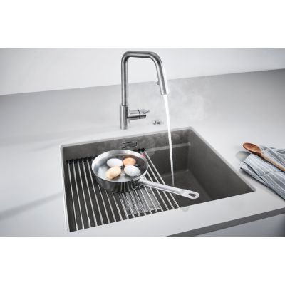 Franke Kanon KNG 110-52 zlewozmywak 52x42 cm Fragranite kamienny szary z baterią kuchenną Eos Neo stal szlachetna i zestawem noży kuchennych (1250528615, 1150590045, 1120545792)