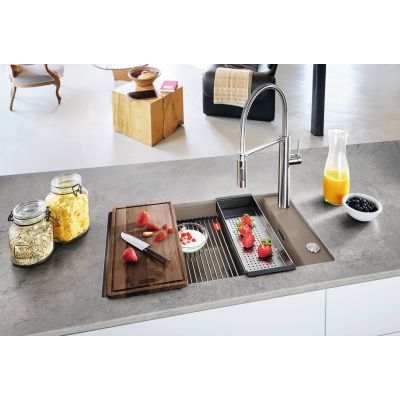 Franke Kanon KNG 110-62 zlewozmywak 62x42 cm Fragranite cappuccino z baterią kuchenną Eos Neo stal szlachetna i zestawem noży kuchennych (1250528621, 1150590045, 1120545792)