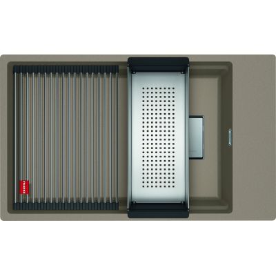 Franke Kanon KNG 110-62 zlewozmywak 62x42 cm Fragranite cappuccino z baterią kuchenną Eos Neo stal szlachetna i zestawem noży kuchennych (1250528621, 1150590045, 1120545792)