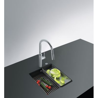 Franke Kanon KNG 110-37 zlewozmywak 37x42 cm z Fragranite czarny mat z baterią kuchenną Lina Pull-Out czarny mat (1250633001, 1150626053)