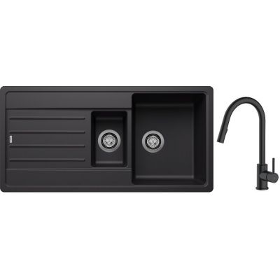 Blanco Legra 6 S zlewozmywak 100x50 cm z Silgranit czarny z Oltens Litla bateria kuchenna stojąca czarny mat (526086, 35204300)