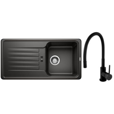 Zestaw Blanco Favos 45 S zlewozmywak granitowy 86x43,5 cm czarny z baterią stojącą Hagser Emma czarna (526079, HGR70000035)