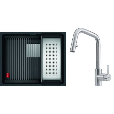 Zestaw Franke Kanon KNG 110-52 zlewozmywak 52x42 cm Fragranite z baterią Eos Neo z wyciąganą wylewką onyx /stal  (1250528612, 1150529207)