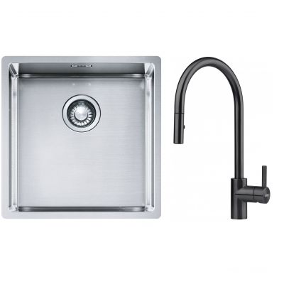 Franke Box BXX 210/110-40 zlewozmywak 45x44 cm stalowy z baterią kuchenną Eos czarna stal szlachetna (1270453654, 1150613671)