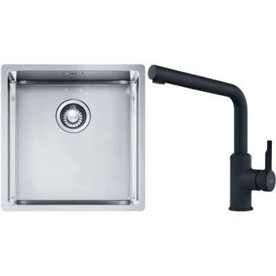 Franke Box BXX 210/110-40 zlewozmywak 45x44 cm stalowy z baterią kuchenną Urban czarny mat (1270453654, 1150627523)