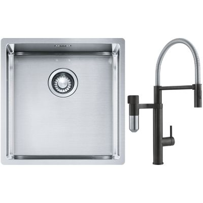 Franke Box BXX 210/110-40 zlewozmywak 45x44 cm stalowy z baterią kuchenną Vital Semi-Pro czarny mat/stal (1270453654, 1200621313)
