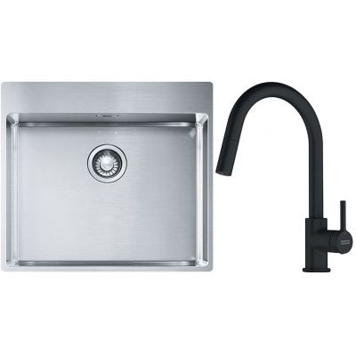 Franke Box BXX 210-54 TL zlewozmywak 57x51 cm stalowy z baterią kuchenną Lina czarny mat (1270369295, 1150626053)