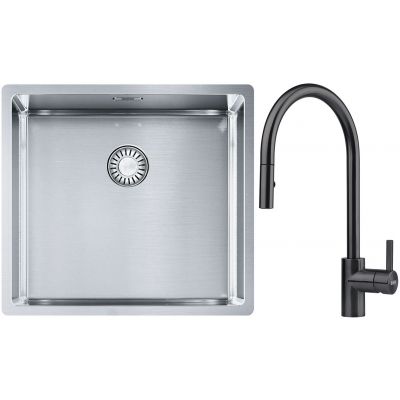 Franke Box BXX 210/110-45 zlewozmywak 49x45 cm stalowy z baterią kuchenną Eos czarna stal szlachetna (1270453655, 1150613671)
