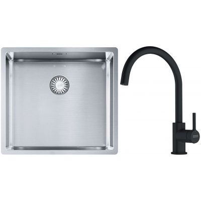 Franke Box BXX 210/110-45 zlewozmywak 49x45 cm stalowy z baterią kuchenną Lina czarny mat (1270453655, 1150626019)