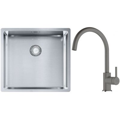 Franke Box BXX 210/110-45 zlewozmywak 49x45 cm stalowy z baterią kuchenną Lina kamienny szary (1270453655, 1150626022)