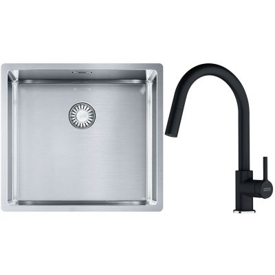 Franke Box BXX 210/110-45 zlewozmywak 49x45 cm stalowy z baterią kuchenną Lina onyx (1270453655, 1150626055)