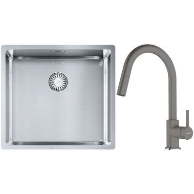 Franke Box BXX 210/110-45 zlewozmywak 49x45 cm stalowy z baterią kuchenną Lina kamienny szary (1270453655, 1150626057)