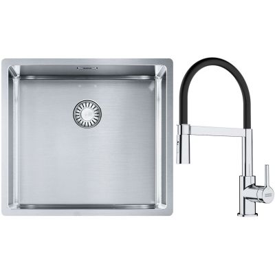 Franke Box BXX 210/110-45 zlewozmywak 49x45 cm stalowy z baterią kuchenną Lina chrom/czarny (1270453655, 1150626085)