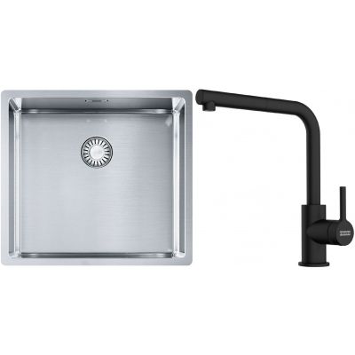 Franke Box BXX 210/110-45 zlewozmywak 49x45 cm stalowy z baterią kuchenną Lina czarny mat (1270453655, 1150712435)