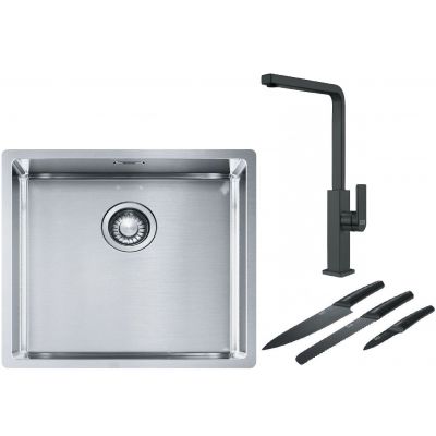Franke Box BXX 210/110-45 zlewozmywak 49x45 cm stalowy z baterią kuchenną Mythos czarna stal szlachetna i zestawem noży kuchennych (1270453655, 1150550441, 1120545792)