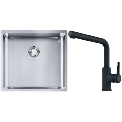 Franke Box BXX 210/110-45 zlewozmywak 49x45 cm stalowy z baterią kuchenną Urban czarny mat (1270453655, 1150627523)