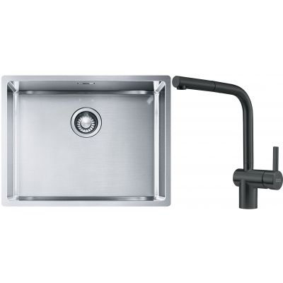 Franke Box BXX 110-54/ BXX 210-54 zlewozmywak 58x45 cm stalowy z baterią kuchenną Atlas czarna stal szlachetna (1270453660, 1150550427)