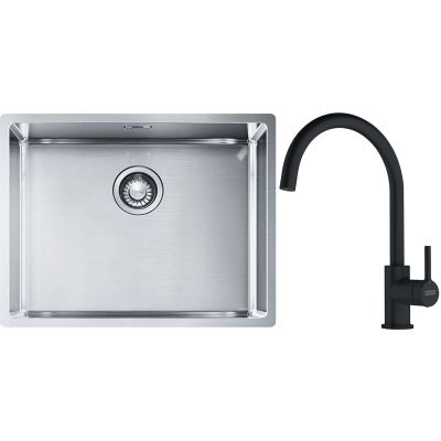 Franke Box BXX 110-54/ BXX 210-54 zlewozmywak 58x45 cm stalowy z baterią kuchenną Lina czarny mat (1270453660, 1150626019)