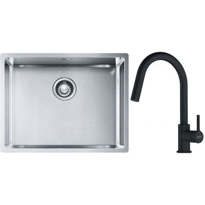 Franke Box BXX 110-54/ BXX 210-54 zlewozmywak 58x45 cm stalowy z baterią kuchenną Lina czarny mat (1270453660, 1150626053)
