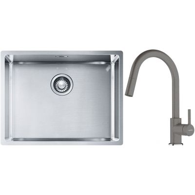 Franke Box BXX 110-54/ BXX 210-54 zlewozmywak 58x45 cm stalowy z baterią kuchenną Lina kamienny szary (1270453660, 1150626057)
