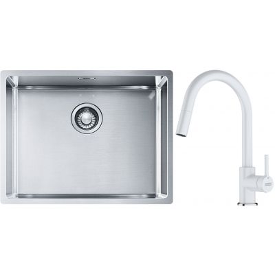 Franke Box BXX 110-54/ BXX 210-54 zlewozmywak 58x45 cm stalowy z baterią kuchenną Lina biały polarny (1270453660, 1150626081)