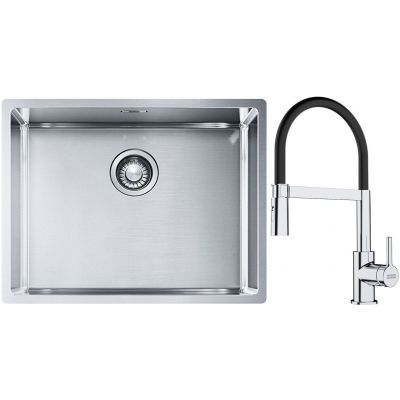 Franke Box BXX 110-54/ BXX 210-54 zlewozmywak 58x45 cm stalowy z baterią kuchenną Lina chrom/czarny (1270453660, 1150626085)