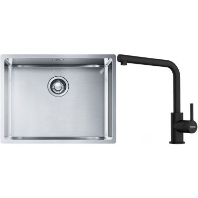 Franke Box BXX 110-54/ BXX 210-54 zlewozmywak 58x45 cm stalowy z baterią kuchenną Lina czarny mat (1270453660, 1150712435)