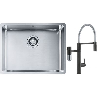 Franke Box BXX 110-54/ BXX 210-54 zlewozmywak 58x45 cm stalowy z baterią kuchenną Vital Semi-Pro czarny mat/stal (1270453660, 1200621313)