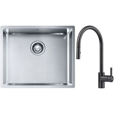 Franke Box BXX 110-50/BXX 210-50 zlewozmywak 54x45 cm stalowy z baterią kuchenną Eos czarna stal szlachetna (1270453656, 1150613671)