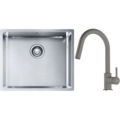 Franke Box BXX 110-50/BXX 210-50 zlewozmywak 54x45 cm stalowy z baterią kuchenną Lina kamienny szary (1270453656, 1150626057)