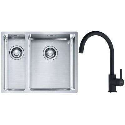 Franke Box BXX 260/160-34-16 zlewozmywak 56x45 cm stalowy z baterią kuchenną Lina czarny mat (1270369916, 1150626019)